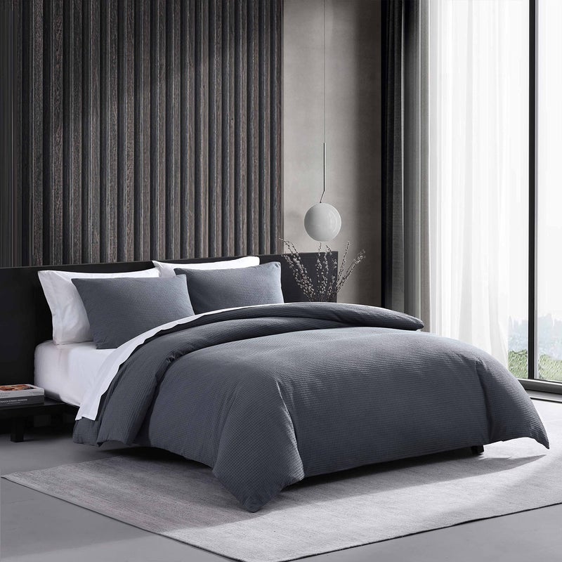 Vera Wang - King Duvet Cover Set, Soft Cotton Bedding with Matching Pillowcases, Button Closure & Inner Corner Ties, 3 Piece Bed Set (Waffle Pique Midnight Blue) - Image 5